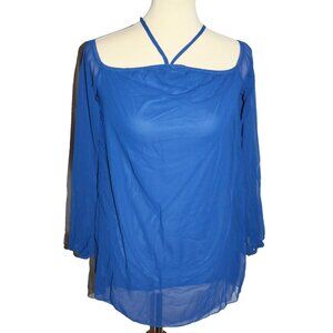 Hot Touch Blouse Shirt Top Size Medium M Bright Blue Sheer Sleeves Lined NEW